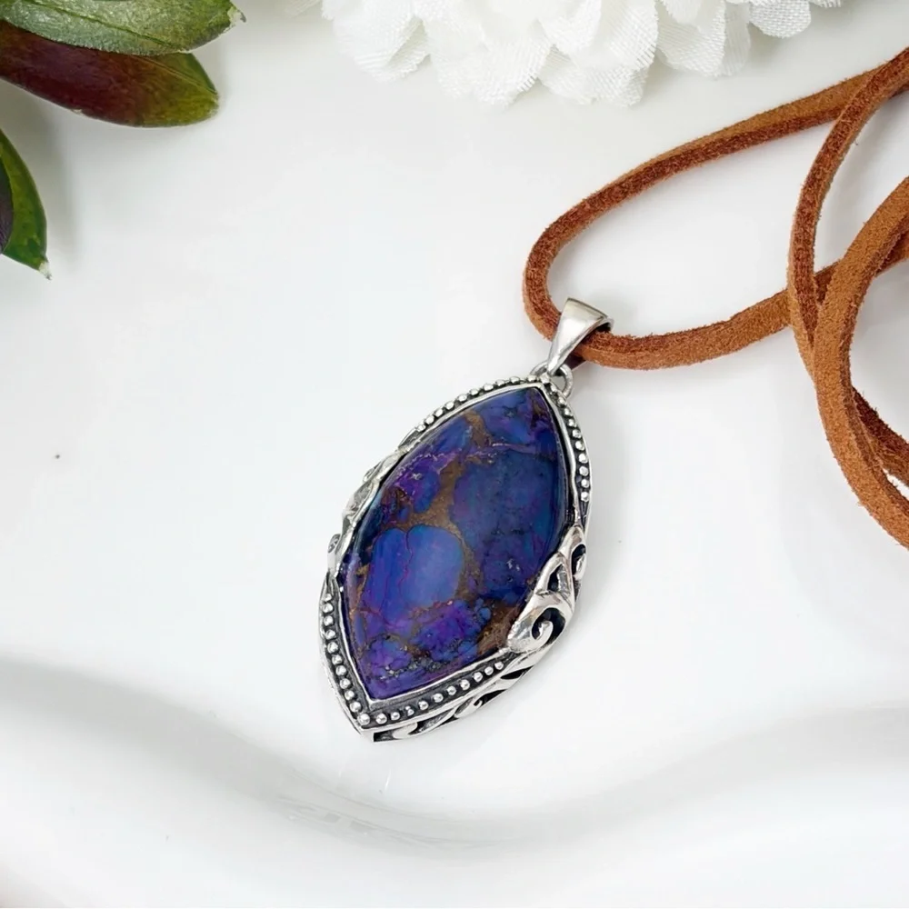 Vintage Sterling Silver 925 Purple Copper Turquoise Pendant Marquise Southwest